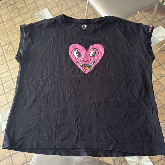 Uniqlo X Keith Haring Womens T Shirt Small Black Heart  80s 90s Y2K Pop Art - Picture 1 of 11